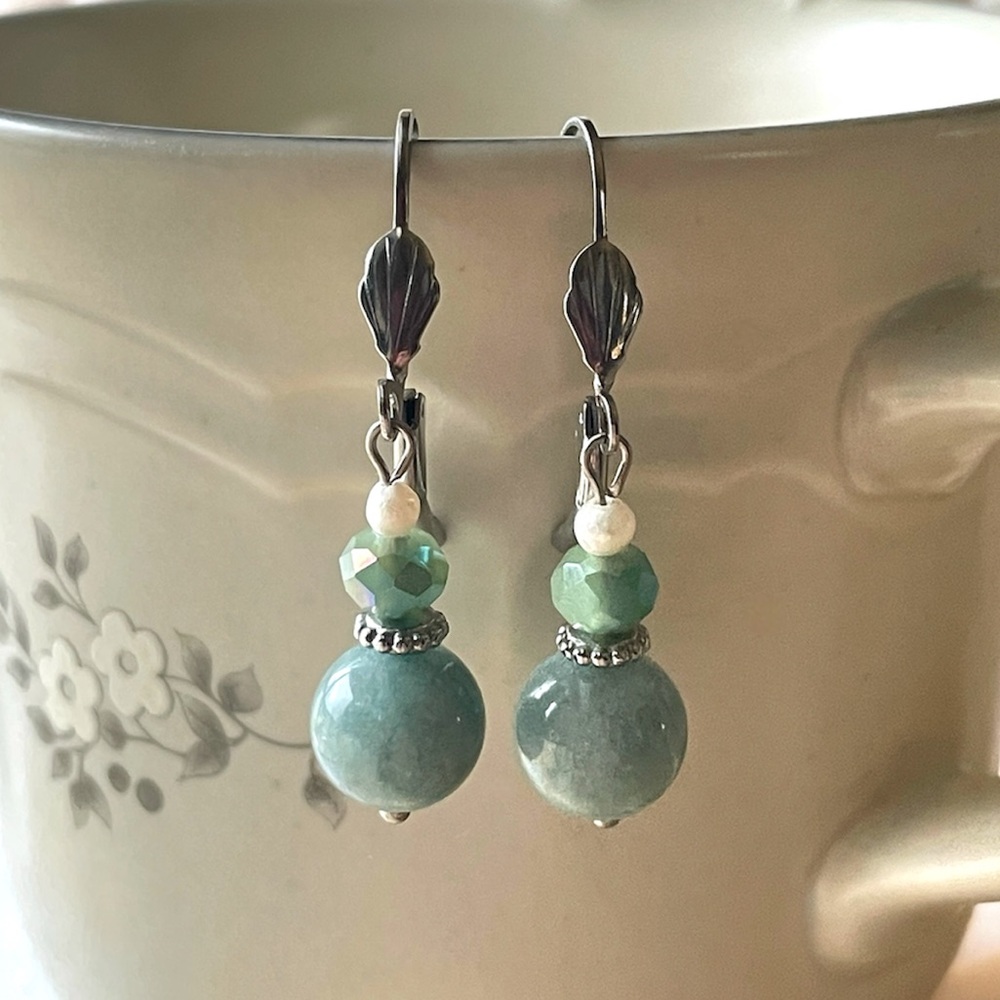 Silver-tone Burmese Jade and Pearl Hoop Earrings